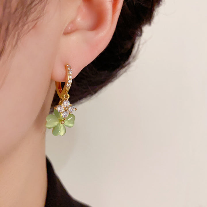 Rhinestone Green Lucky Clover Dangle Drop Earrings