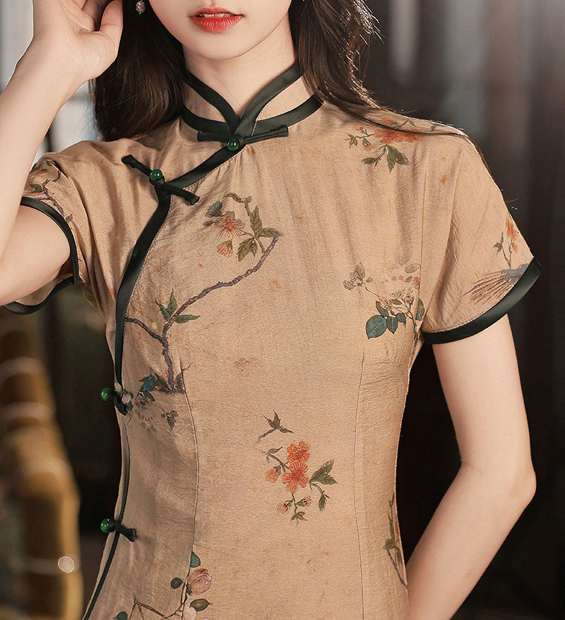 Summer Floral Linen Tea Cheongsam Qipao Dress