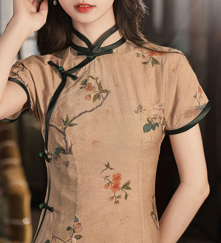 Summer Floral Linen Tea Cheongsam Qipao Dress