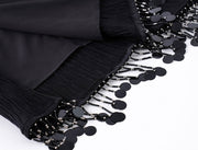 Black Modern Midi Cheongsam Qipao Dress with Beads Tassels