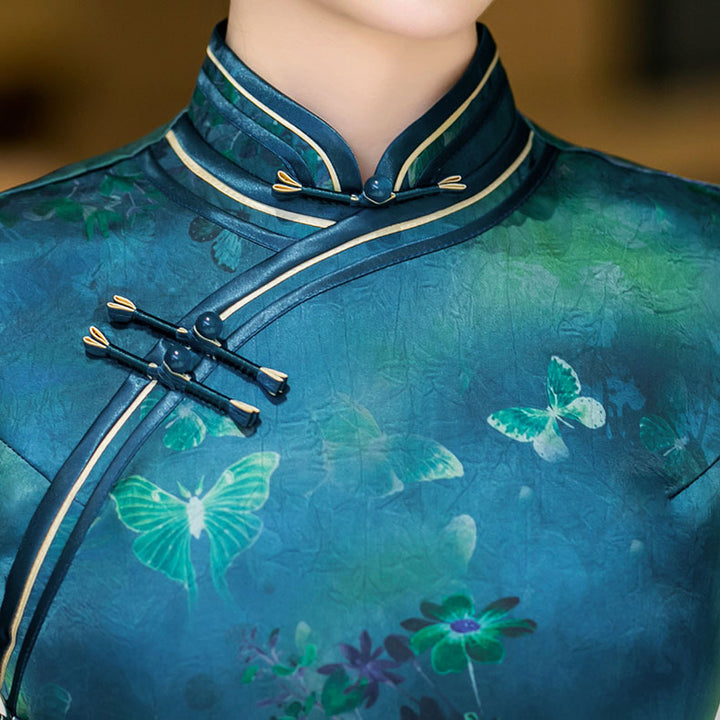 Blue Floral Print Silk Long Qipao Cheongsam Dress