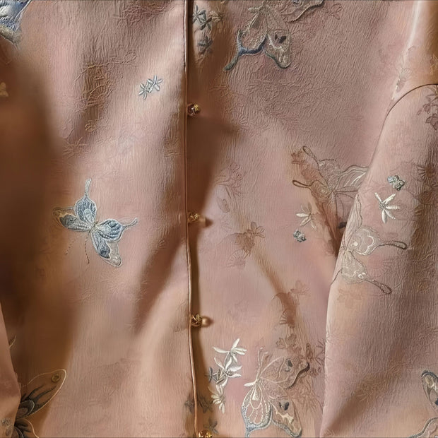Blue Pink Embroidered Cheongsam Jacket Blouse