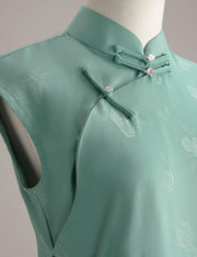 2025 Summer Green Floral Cheongsam Qipao Dress