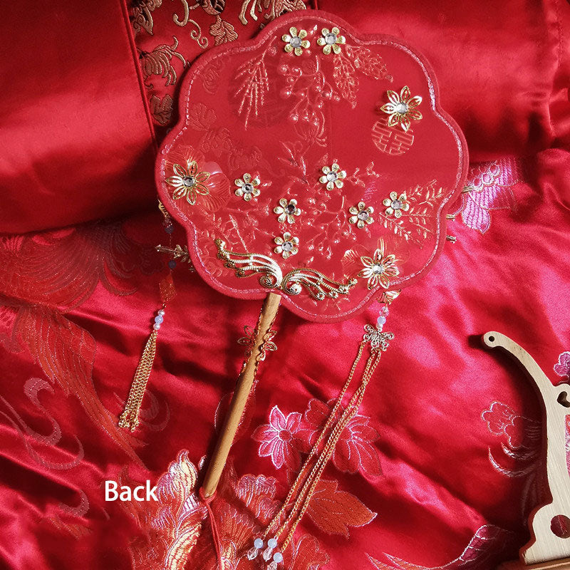 Red Pearl Floral Bride Wedding Hand Held Hexapetala Fans