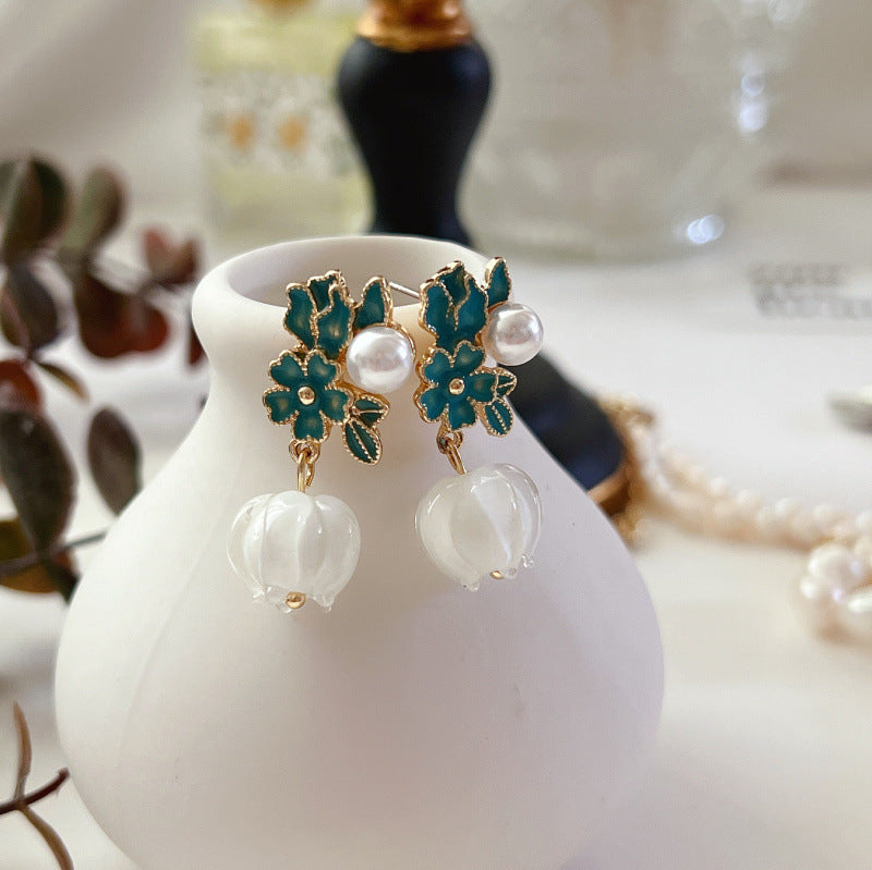 Purple White Glaze Flower Dangle Drop Earrings