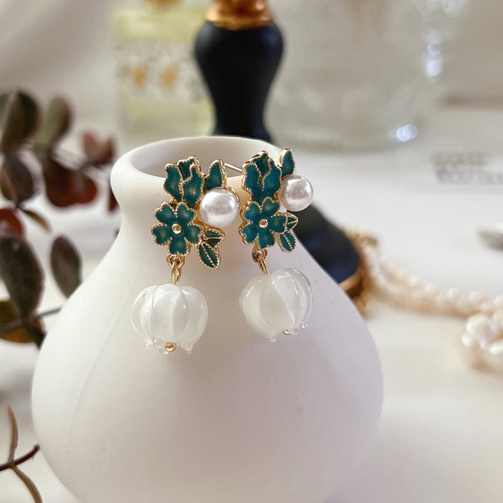 Purple White Glaze Flower Dangle Drop Earrings