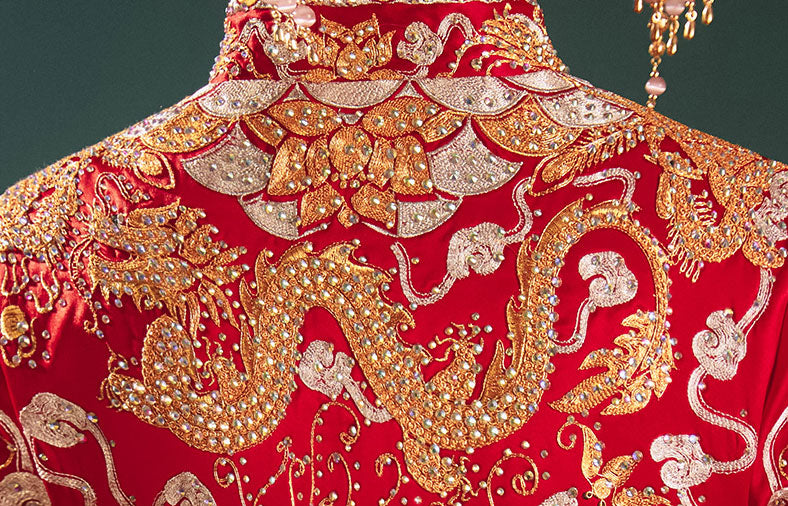 Beads Dragon Phoenix Embroidery Wedding Bridal Qun Gua 五福龙凤褂