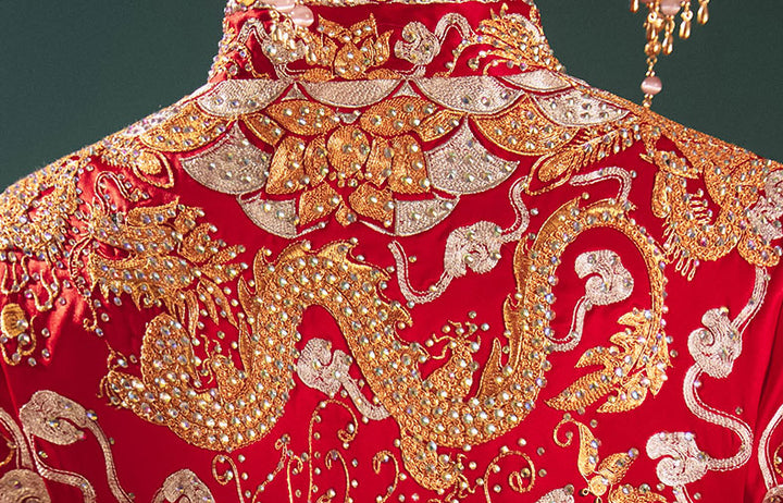 Beads Dragon Phoenix Embroidery Wedding Bridal Qun Gua 五福龙凤褂
