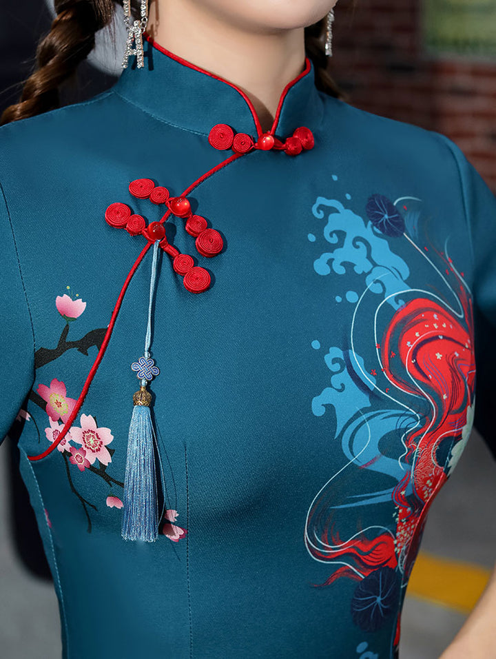 Blue Peking Opera Print Cheongsam Qipao Dress