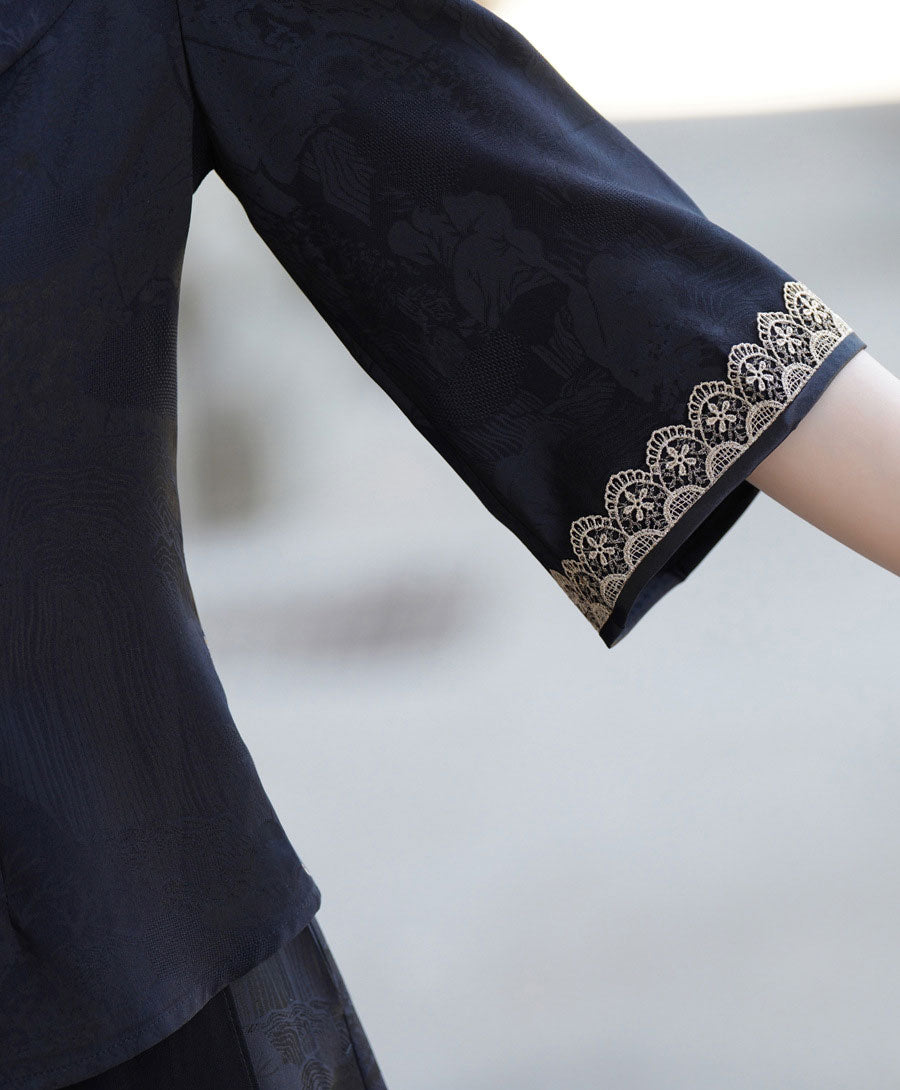 Black Floral Woman Cheongsam Blouse Top