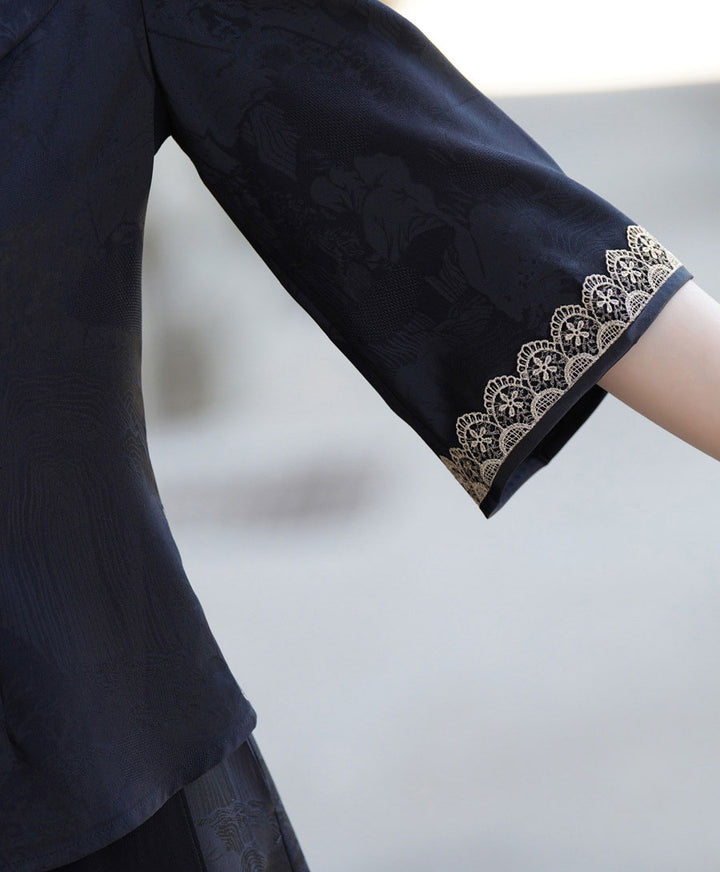 Black Floral Woman Cheongsam Blouse Top