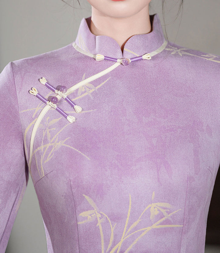Purple Floral Suede Long Sleeve Winter Cheongsam Qipao Dress