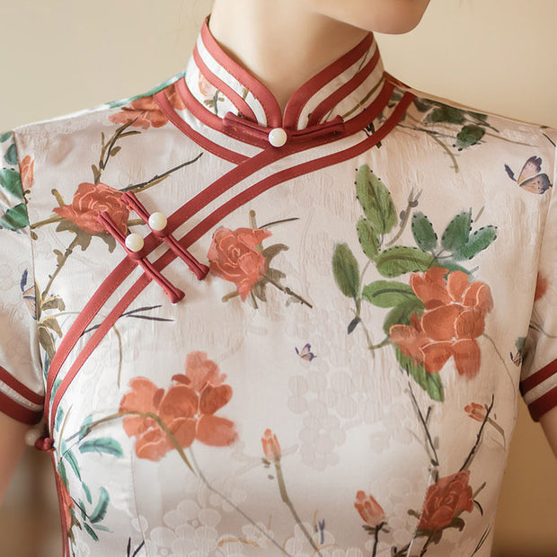 2024 Floral Print Midi Cheongsam Qi Pao Dress