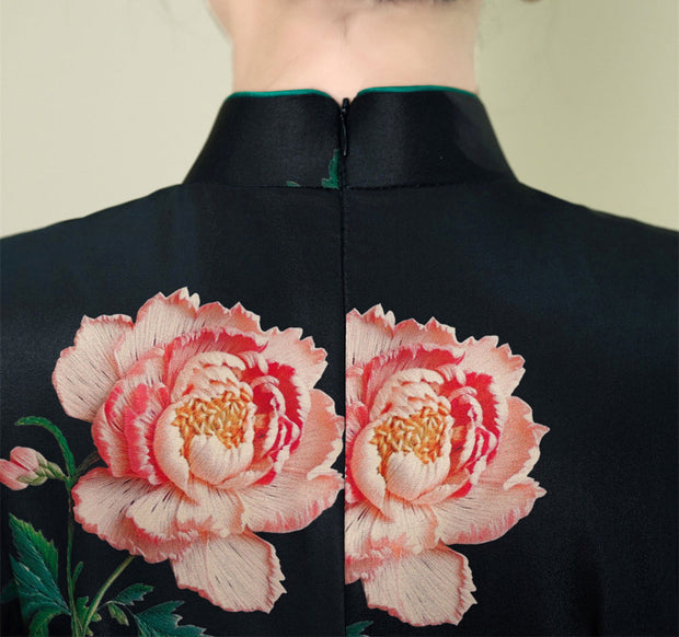 2023 Black Rose Print Chiffon Cheongsam Qipao Dress