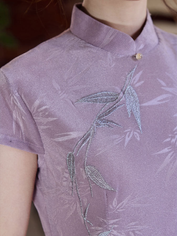 2024 Purple Jacquard Floral Cheongsam Qipao Dress