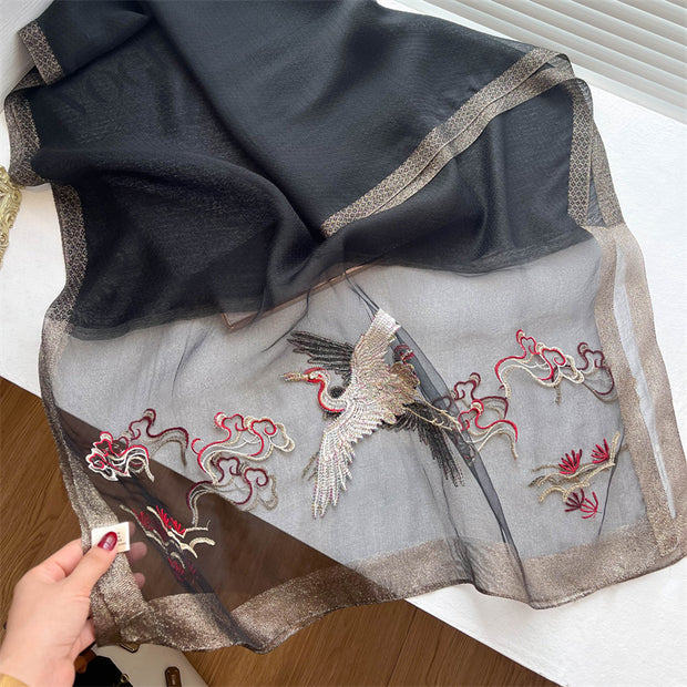 Embroidered Crane Bird Mulberry Silk Women Scarf Shawl