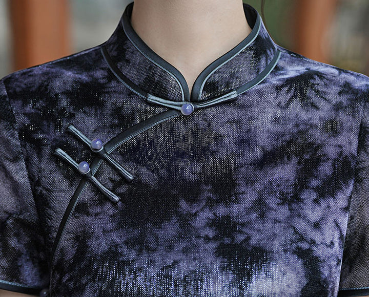 Gray Green Floral Print Maxi Cheongsam Qipao Dress