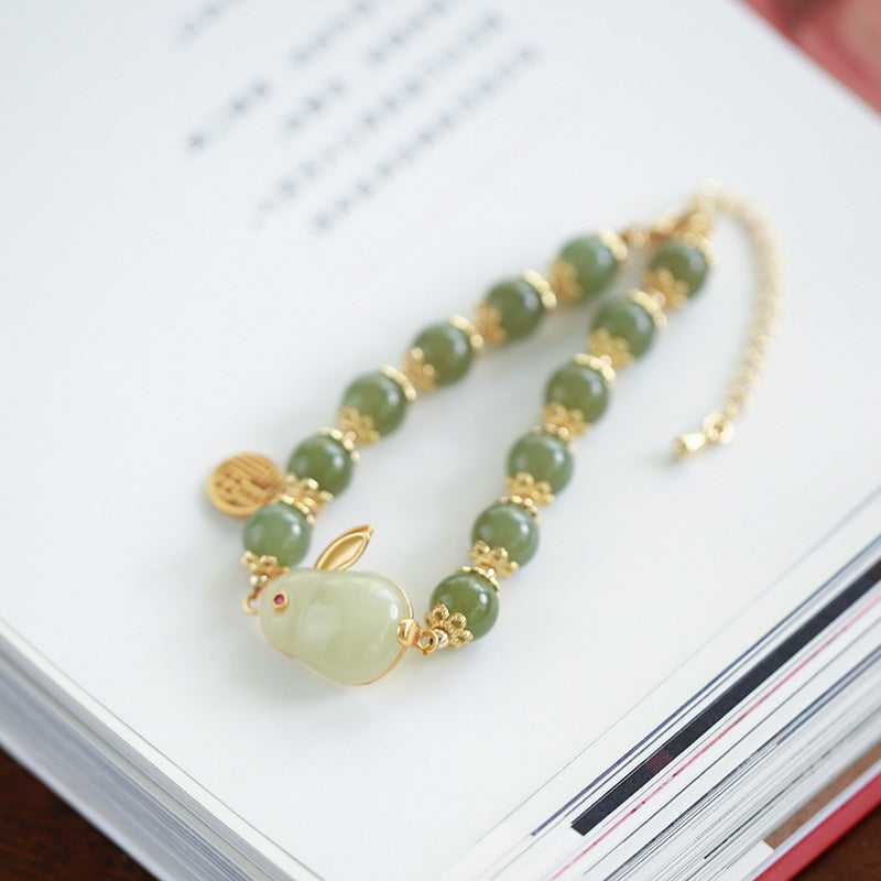 Jade Chinese Zodiac Rabbit Silver Beads Bracelets