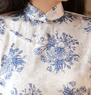 Blue and White Floral Midi Cheongsam Qipao Dress