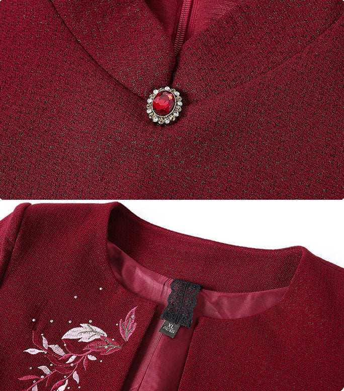 2 Pics Winter Red Mothers Embroidered Cheongsam Dress & Jacket