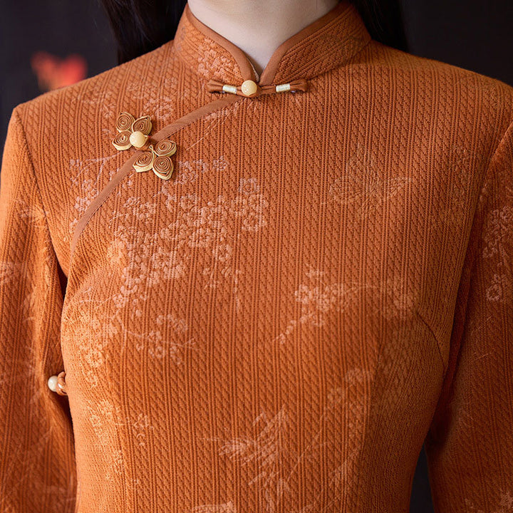 Orange Floral Midi Winter Qipao Cheongsam Dress