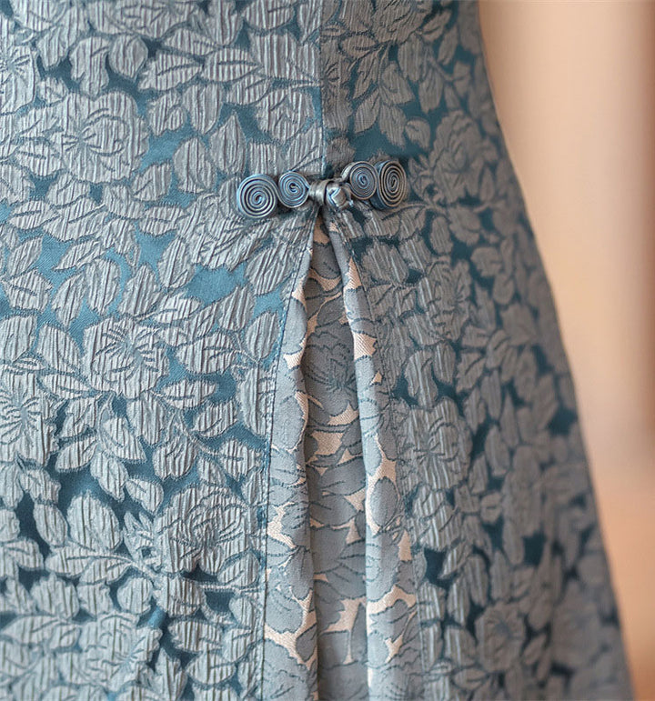 Blue Jacquard Half Sleeve A-Line Cheongsam Qipao Dress
