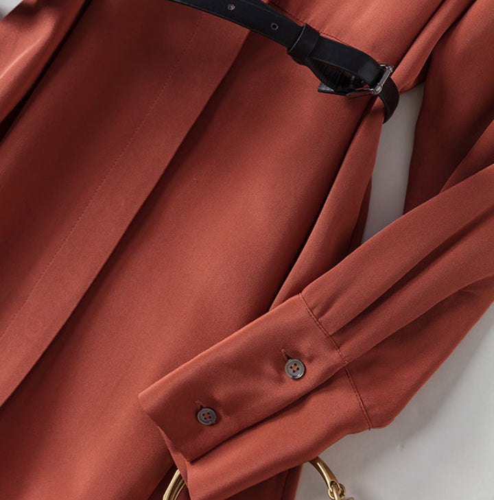 Orange Ivory Pocket Belt Midi Winter Shirt Dress