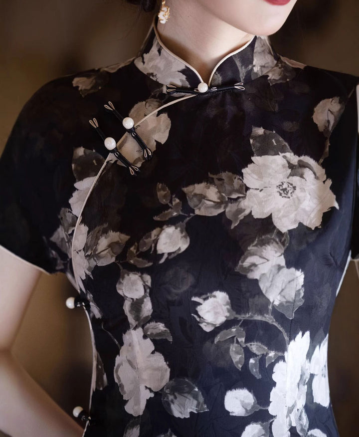 Black Floral Print Mothers Cheongsam Qipao Dress