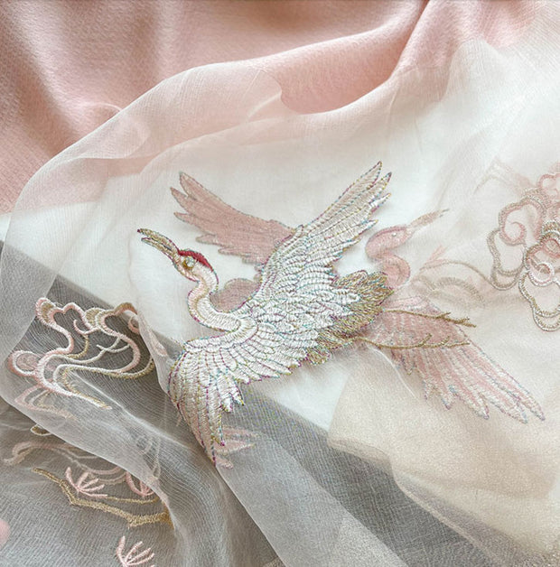 Embroidered Crane Bird Mulberry Silk Women Scarf Shawl