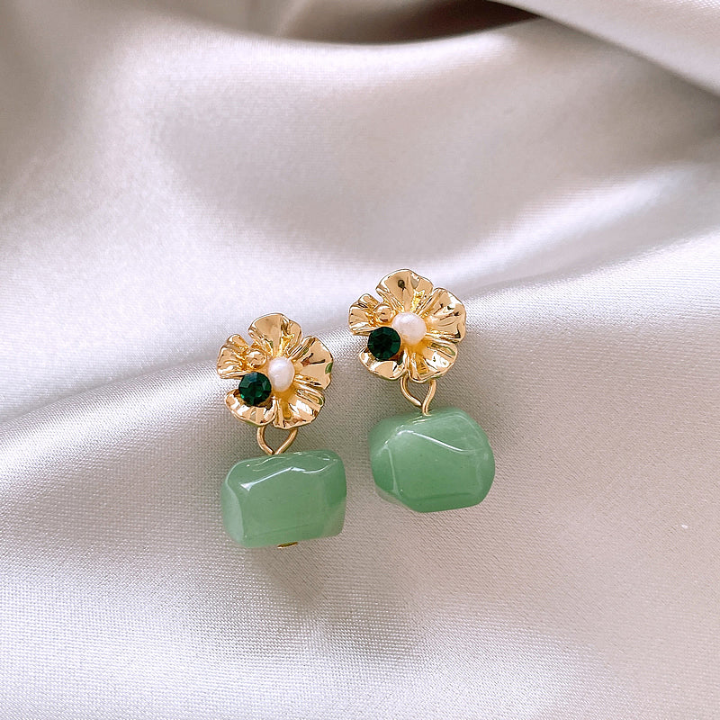 Green Jade Alloy Flower Dangle Drop Earrings
