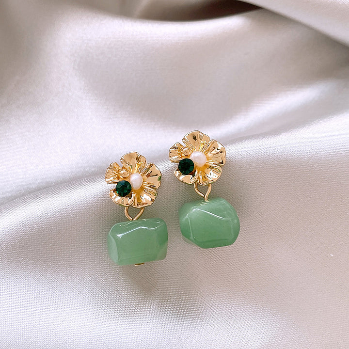 Green Jade Alloy Flower Dangle Drop Earrings