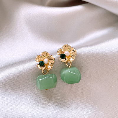 Green Jade Alloy Flower Dangle Drop Earrings