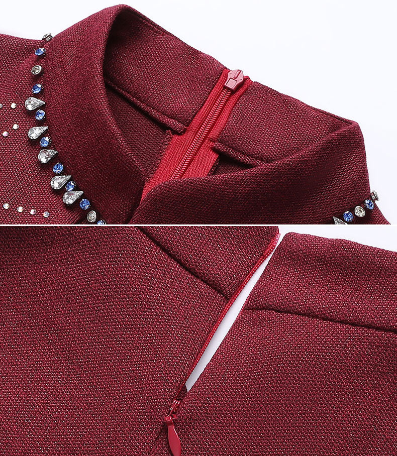 Burgundy Blue Beaded Mothers Winter Cheongsam Qipao Dress