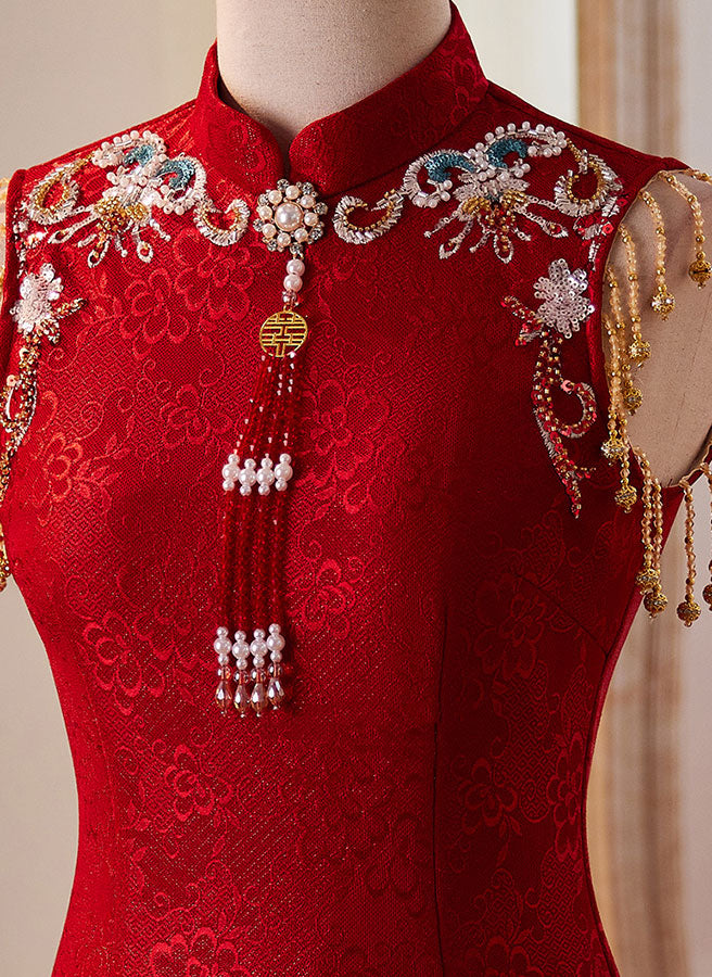 Red Lace Tassels Midi Wedding Cheongsam Qipao Dress
