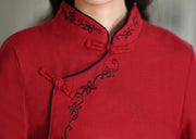 Red Blue Embroidered Linen Cheongsam Blouse Top