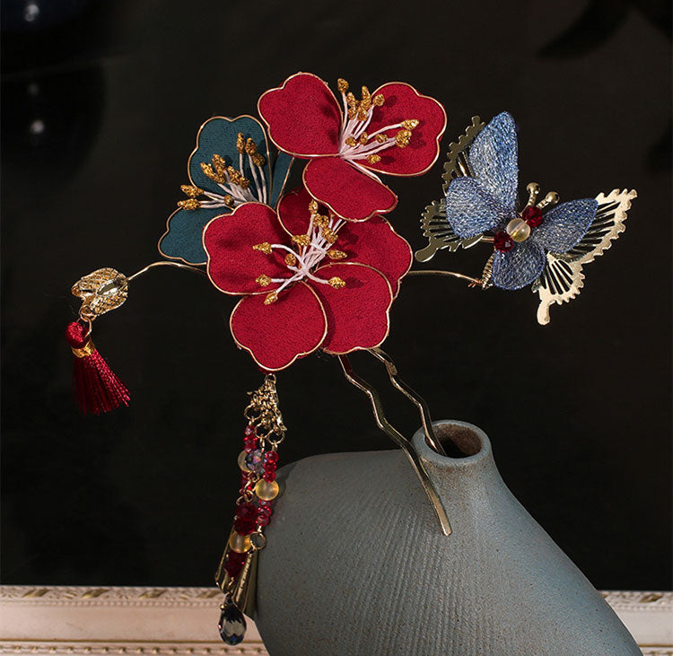 3 Pcs Bridal Red Blue Flower Hairpins Clips & Earrings