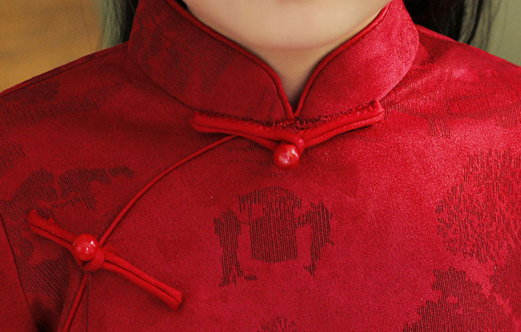 Red Print Suede Kids Girls Qipao Cheongsam Dress