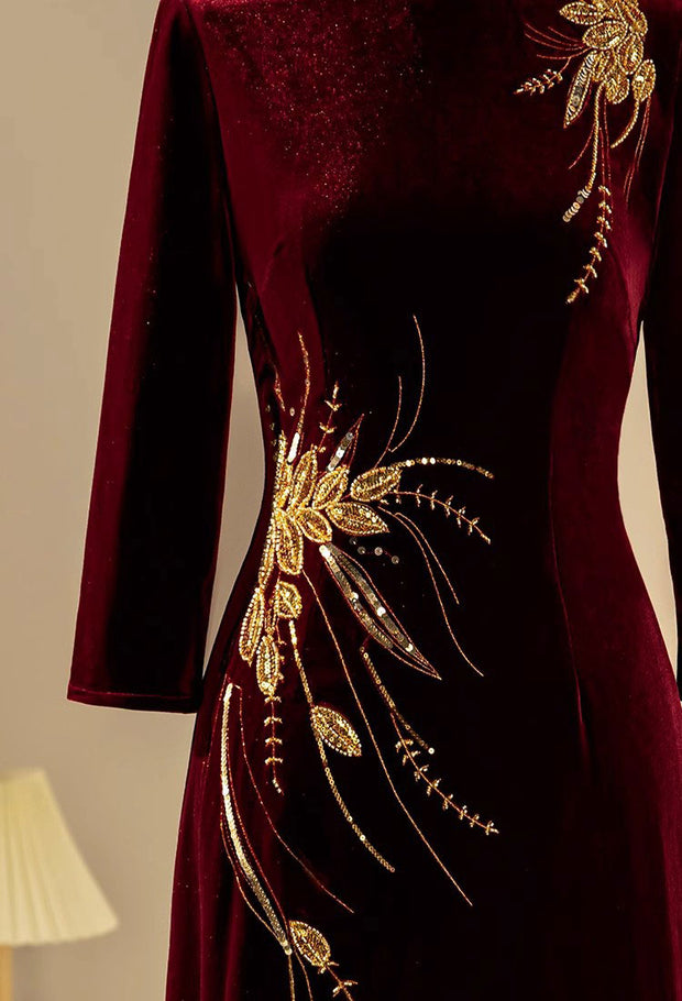 Red Velvet Mothers A-Line Wedding Cheongsam Qipao Dress
