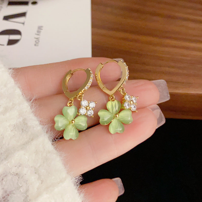Rhinestone Green Lucky Clover Dangle Drop Earrings