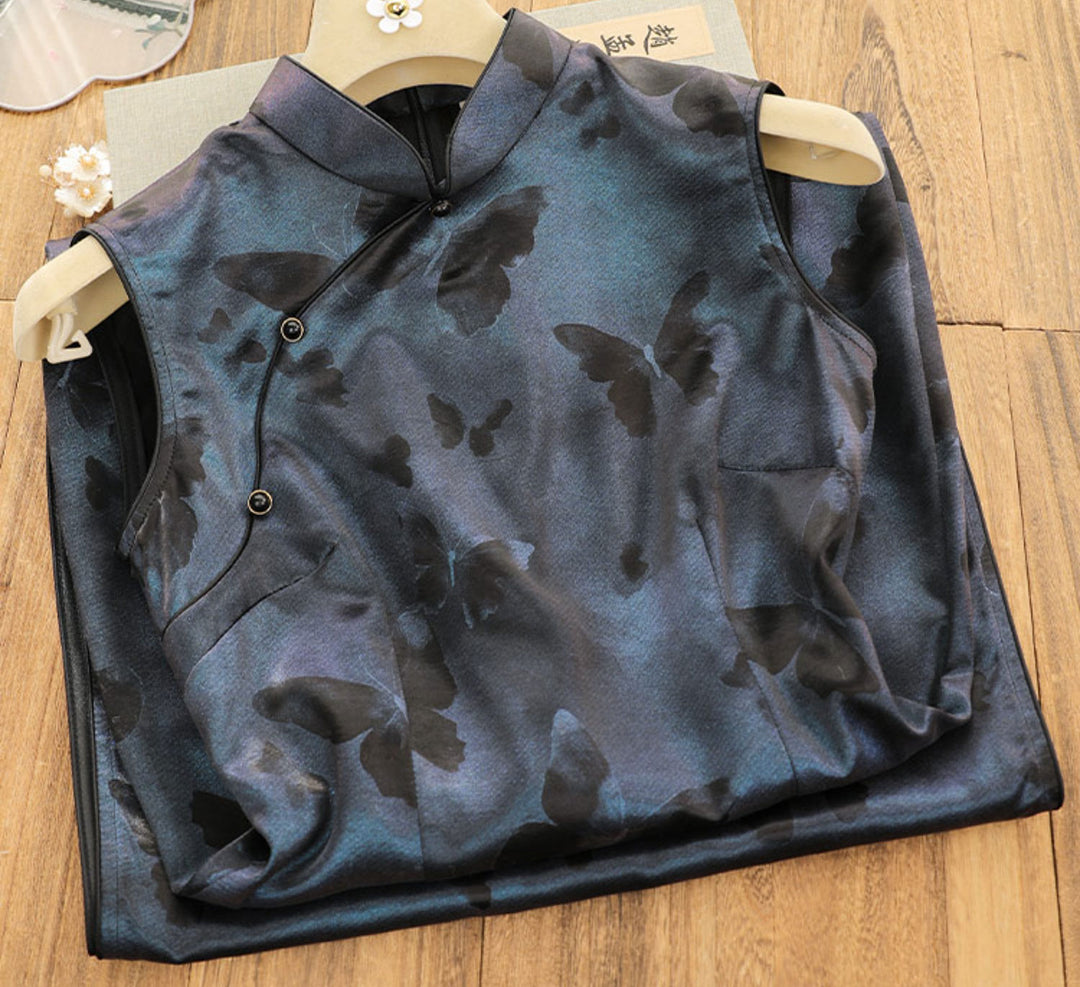 Blue Butterfly Sleeveless Cheongsam Qipao Dress
