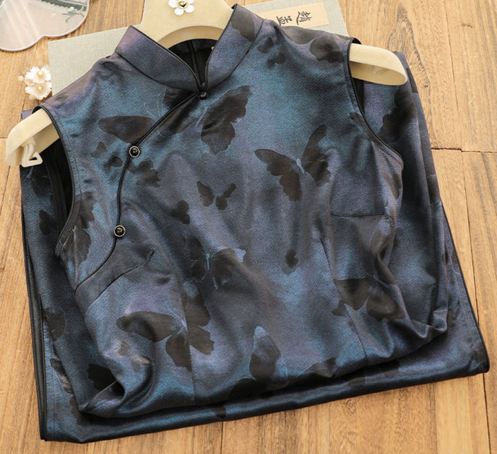 Blue Butterfly Sleeveless Cheongsam Qipao Dress