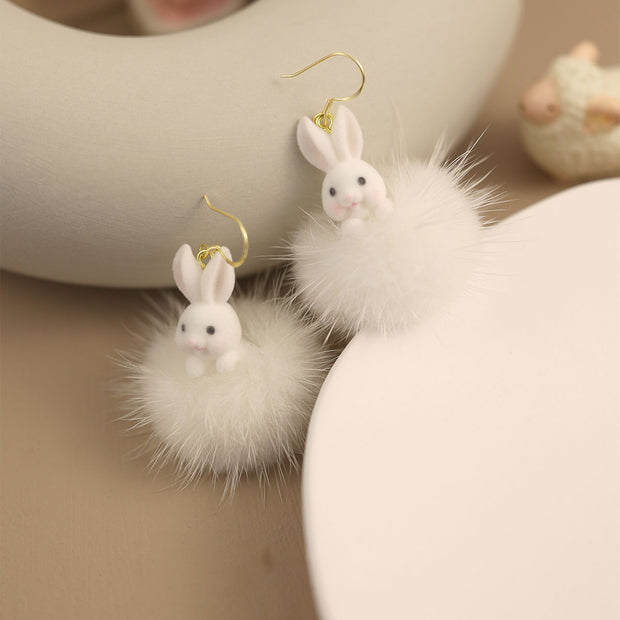 Chinese Zodiac Fluffy Rabbit Clip On Pierced Drop Dangle Earrings