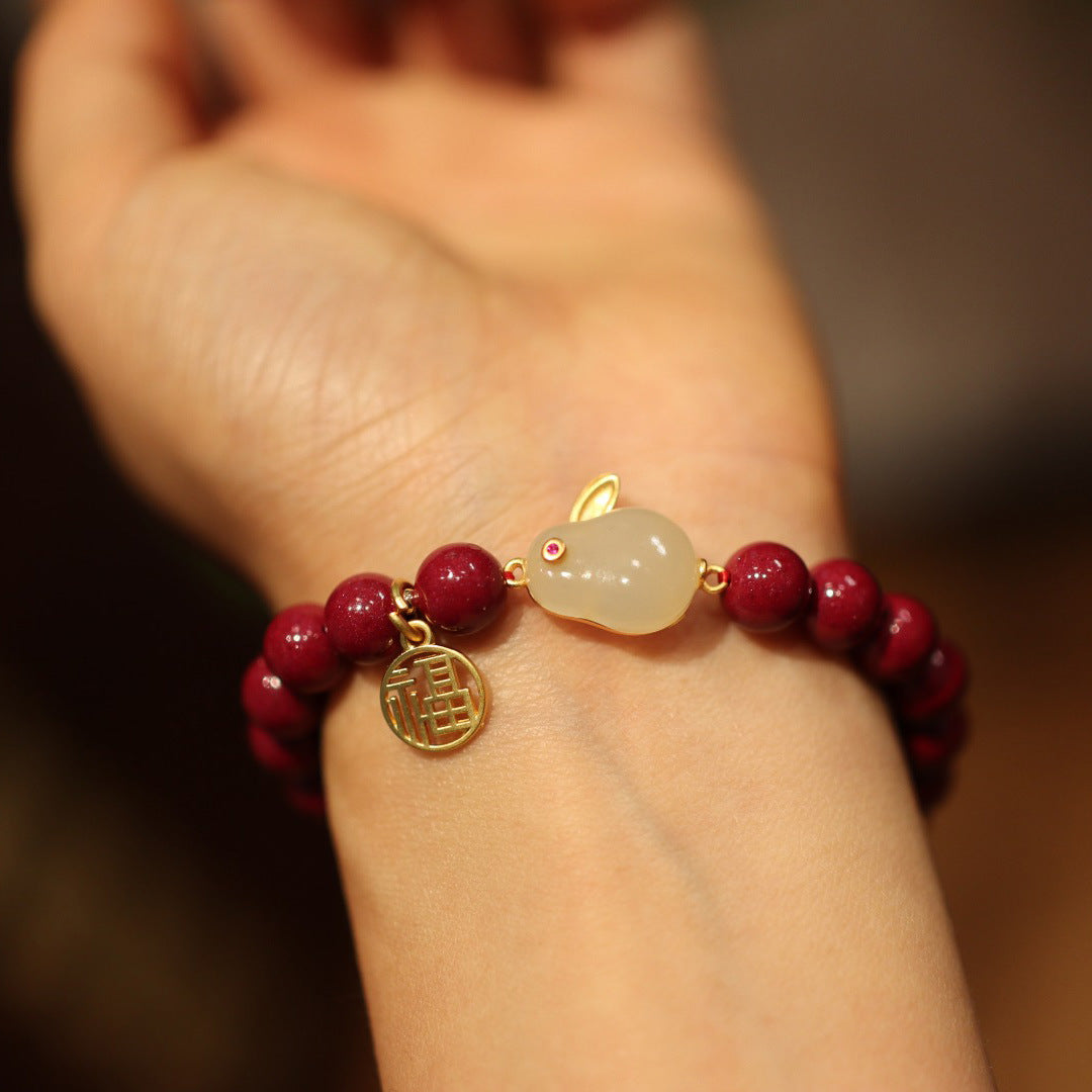 Cinnabar Silver Chinese Zodiac Rabbit Woman Beads Bracelets