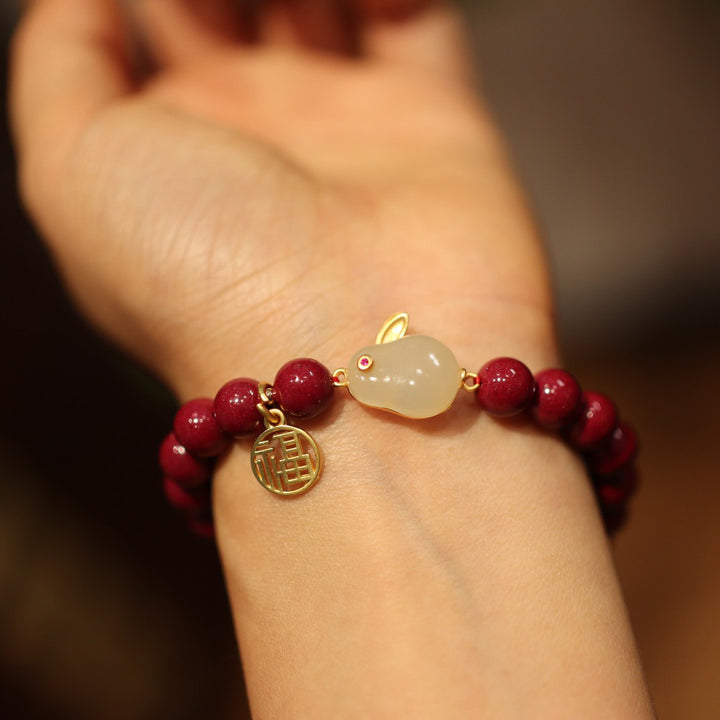 Cinnabar Silver Chinese Zodiac Rabbit Woman Beads Bracelets