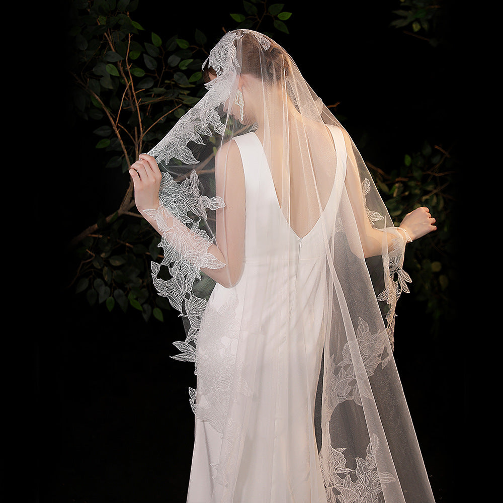 White Long Cathedral Wedding Lace Edge Veil Without Comb