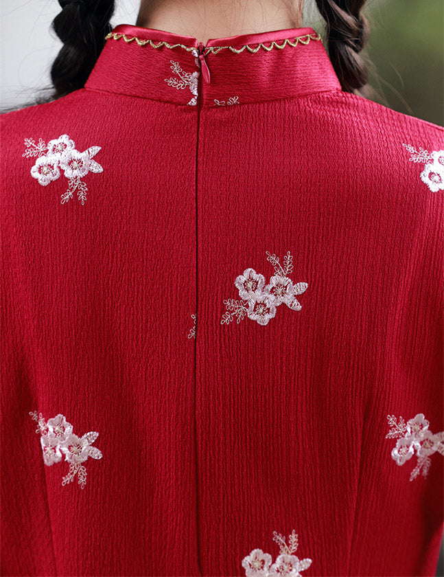 Red Embroidered Kids Girls Qipao Cheongsam Dress