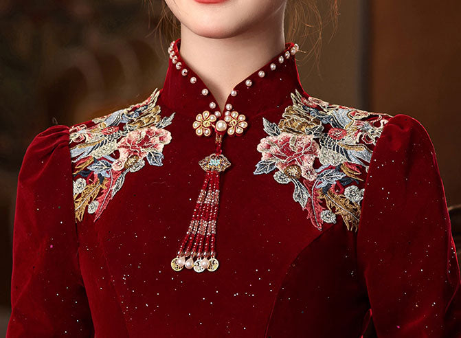 Burgundy Shimmer Velvet A-Line Wedding Qipao Cheongsam Dress