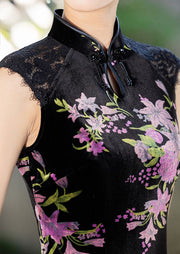 Black Floral Velvet Sleeveless Cheongsam Qipao Dress