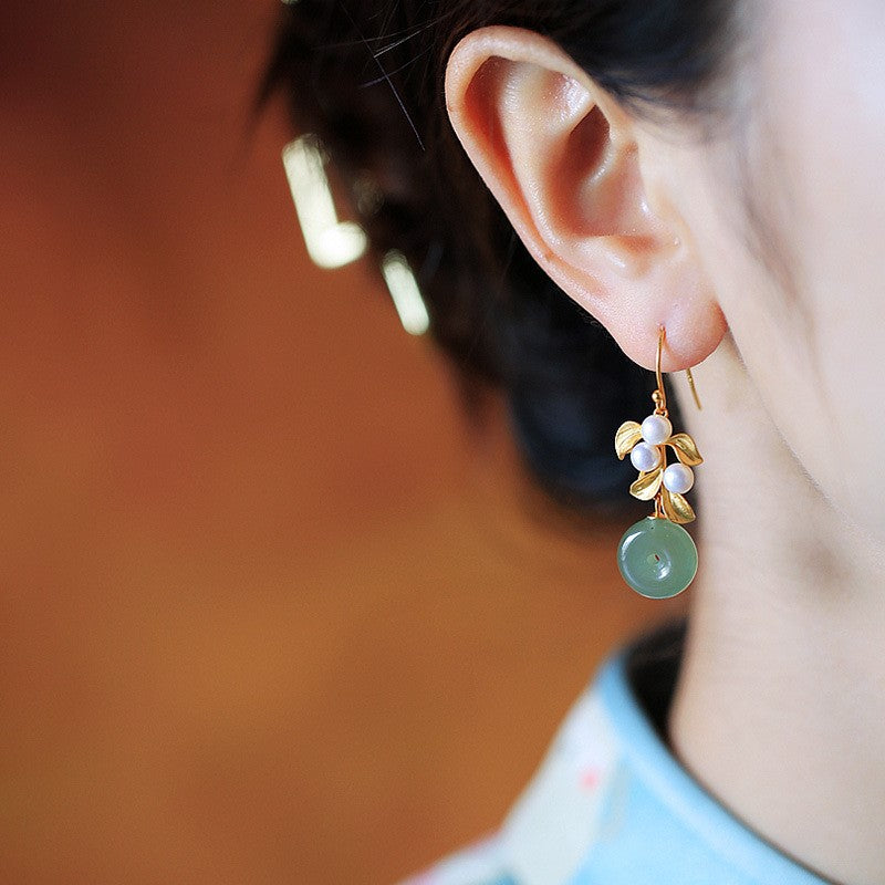 Gold Plated Leaf Pearl Jade Drop Dangle Earrings