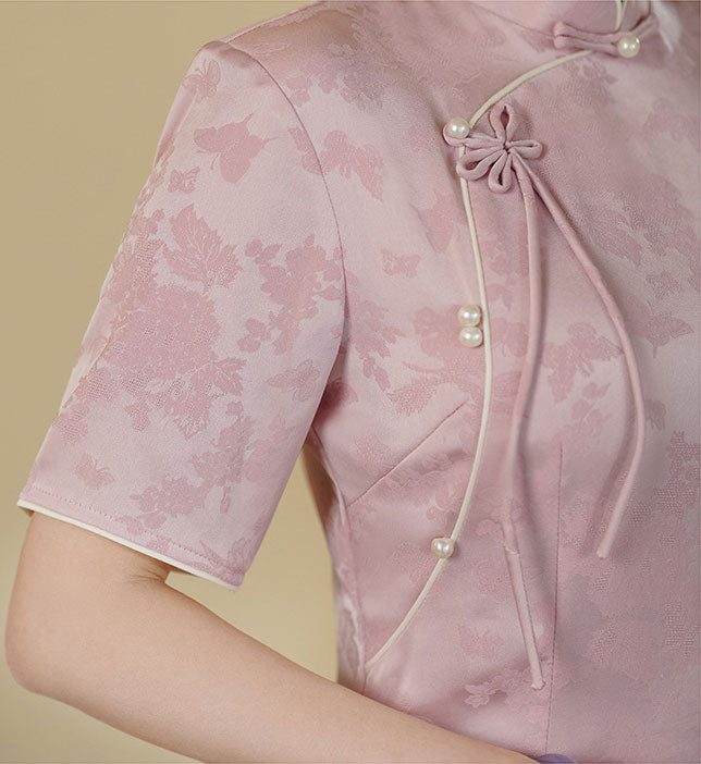 2023 Pink Jacquard Midi Qipao Cheongsam Dress